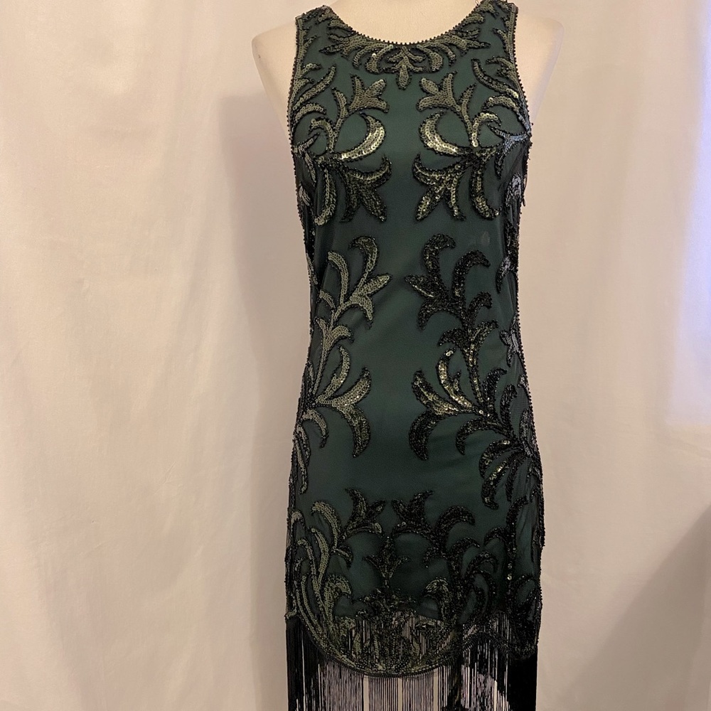 VERTY 1920s Great Gatsby Style Flapper Dress; Black/Emerald Green; Worn once